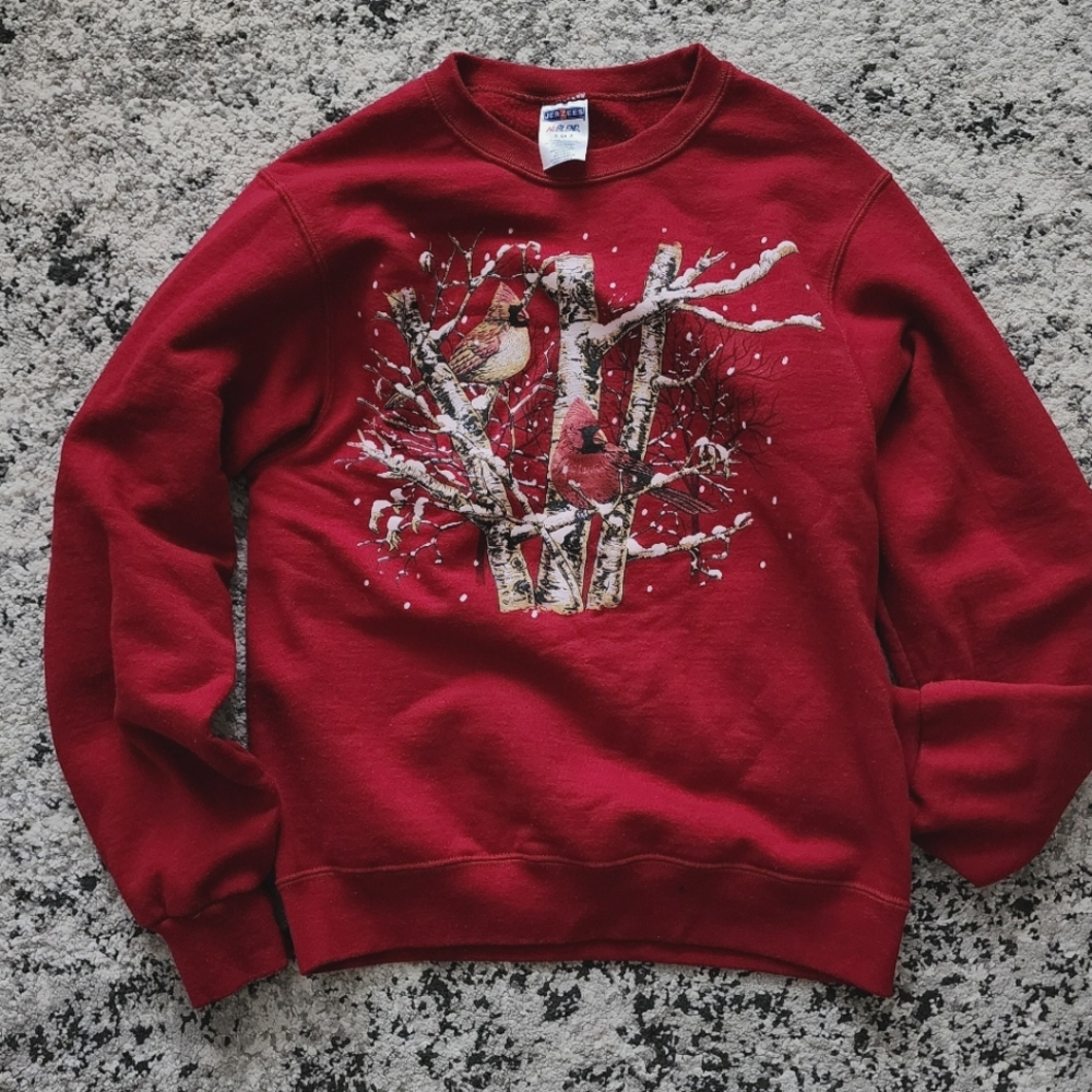 Vintage Holiday Winter Crewneck Sweatshirt Unisex S Red Bird (see measurements)